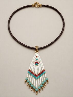 Handmade Beaded Fringe Pendant Necklace in White, Turquoise & Red on Brown Cord